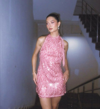 Pretty A Line Halter Pink Sequin Formal Homecoming Dresses 18th Birthday Outfits Graduation Dress Short Mini Hoco Dresses DH2509