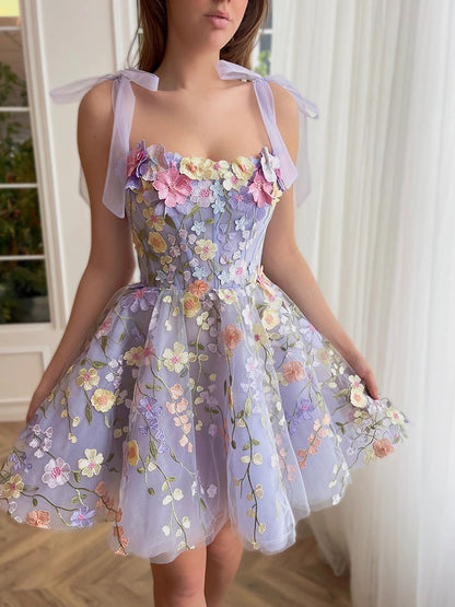 Cute A Line Spaghetti Straps Lilac Tulle Lace Formal Homecoming Dresses 18th Birthday Outfits Graduation Dress Short Mini Hoco Dresses DH2538