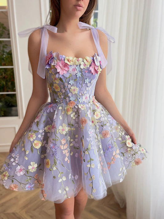 Cute A Line Spaghetti Straps Lilac Tulle Lace Formal Homecoming Dresses 18th Birthday Outfits Graduation Dress Short Mini Hoco Dresses DH2538