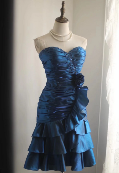 Vintage Sheath Sweetheart Satin Navy Blue Formal Homecoming Dresses 18th Birthday Outfits Graduation Dress Short Mini Hoco Dresses DH2557