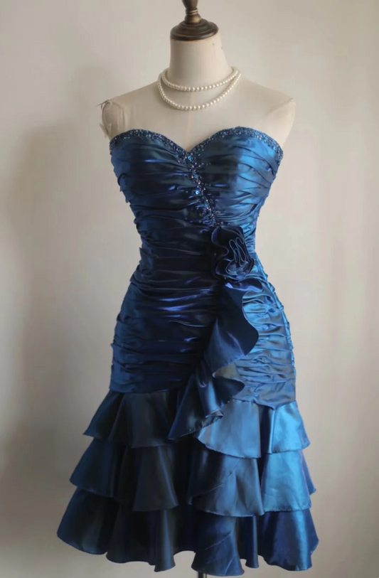 Vintage Sheath Sweetheart Satin Navy Blue Formal Homecoming Dresses 18th Birthday Outfits Graduation Dress Short Mini Hoco Dresses DH2557