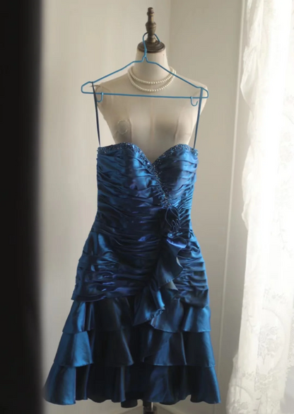 Vintage Sheath Sweetheart Satin Navy Blue Formal Homecoming Dresses 18th Birthday Outfits Graduation Dress Short Mini Hoco Dresses DH2557