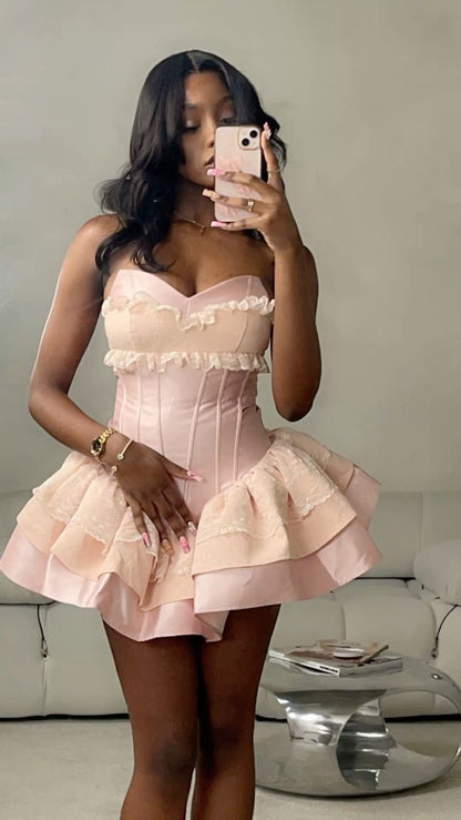 Princess Ball Gown Sweetheart Pink Satin Lace Short Formal 8th Grade Homecoming Dresses Middle School Cocktail Dress Hoco Outfits DH2597