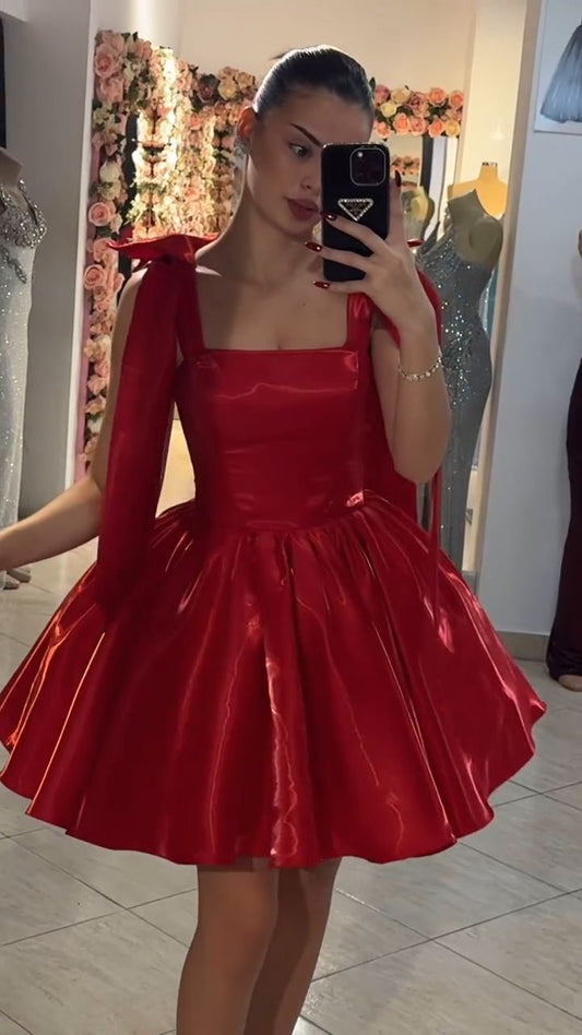 Cute Ball Gown Straps Red Satin Short Formal 8th Grade Homecoming Dresses Middle School Cocktail Dress Hoco Outfits DH2574