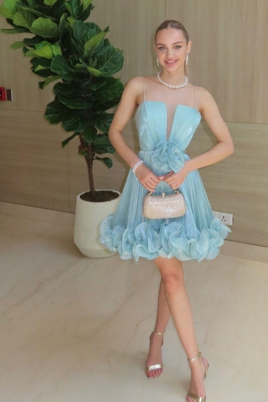 Cute Ball Gown Spaghetti Straps Light Sky Blue Satin Short Formal 8th Grade Homecoming Dresses Middle School Cocktail Dress Hoco Outfits DH2600