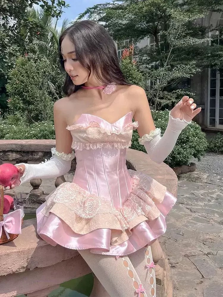 Unique Ball Gown Sweetheart Pink Satin Lace Short Formal 8th Grade Homecoming Dresses Middle School Cocktail Dress Hoco Outfits Inspo DH2604
