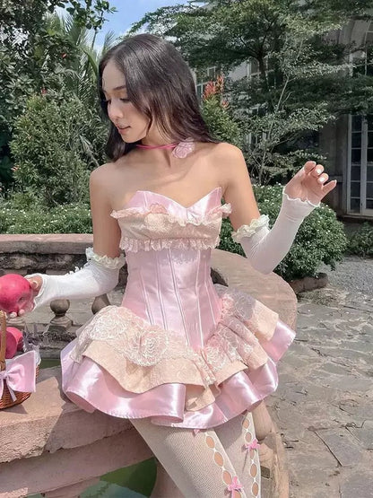 Unique Ball Gown Sweetheart Pink Satin Lace Short Formal 8th Grade Homecoming Dresses Middle School Cocktail Dress Hoco Outfits Inspo DH2604