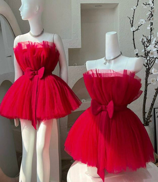 Cute Ball Gown Strapless Red Tulle Short Formal 8th Grade Homecoming Dresses Middle School Cocktail Dress Hoco Outfits DH2607