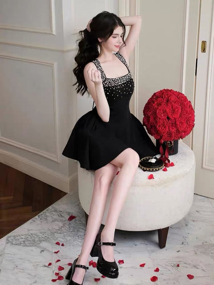 Cute Ball Gown Square Little Black Dress Short Mini Formal 8th Grade Homecoming Dresses Middle School Cocktail Dress Hoco Outfits DH2641