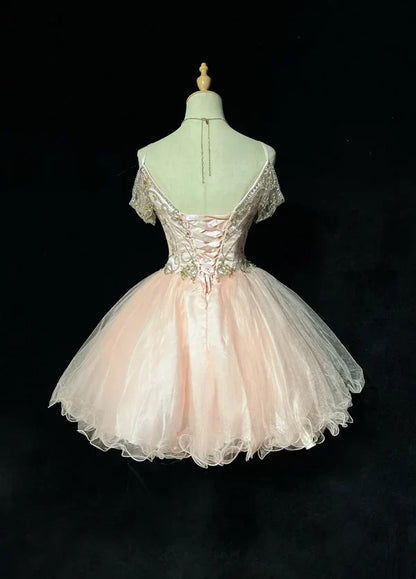 Vintage Pink Beaded Embroidery A-Line Homecoming Dress Spaghetti Strap Party Dress Short Chiffon Cocktail Dress HZ1024