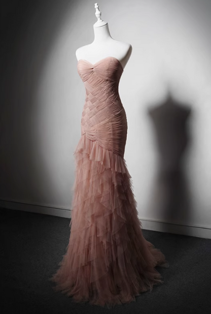 Modest Pink Mermaid Evening Gowns Tulle Tiered Sweetheart Neck Long Prom Dress Graduation Dress DH2742