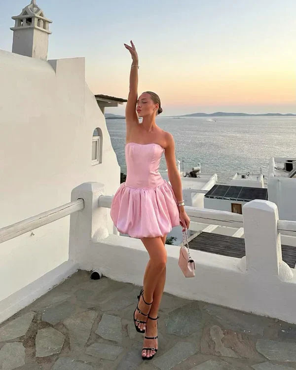 Cute Pink Strapless A-Line Satin Short Party Dress Cocktail Dress Homecoming Dress HZ1024
