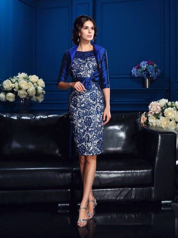 Sheath/Column Scoop Bowknot 1/2 Sleeves Short Taffeta Mother of the Bride Dresses - RongMoon