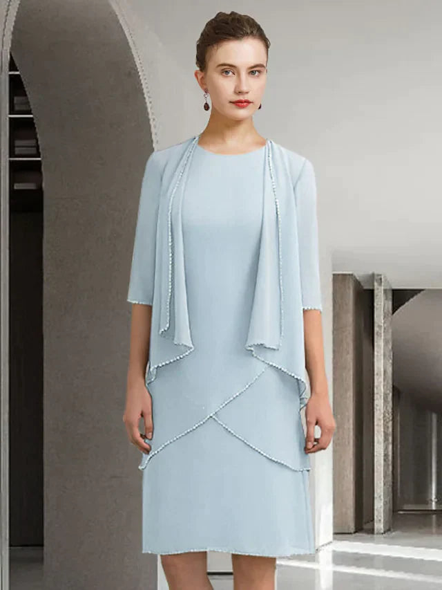 Mother of the Bride Dress Elegant Jewel Neck Knee Length Chiffon Lace Half Sleeve with Beading Ruffles