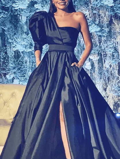 A-Line Minimalist Sexy Engagement Formal Evening Dress One Shoulder Half Sleeve Court Train Satin with Pleats Split - RongMoon