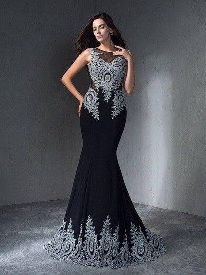 Trumpet/Mermaid Scoop Applique Sleeveless Long Chiffon Dresses - RongMoon