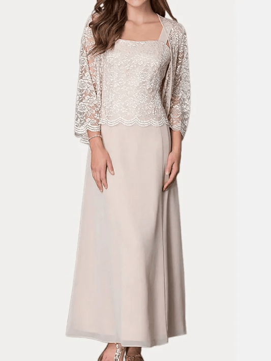 Two Piece Sheath / Column Mother of the Bride Dress Elegant Square Neck Floor Length Chiffon Lace 3/4 Length Sleeve with Embroidery - RongMoon