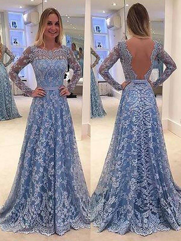A-Line/Princess Long Sleeves Lace Floor-Length Bateau Ruffles Dresses - RongMoon