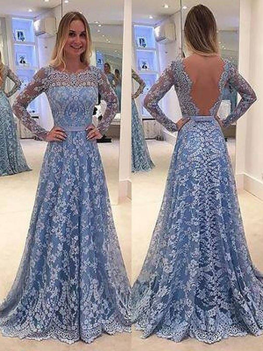 A-Line/Princess Long Sleeves Lace Floor-Length Bateau Ruffles Dresses - RongMoon