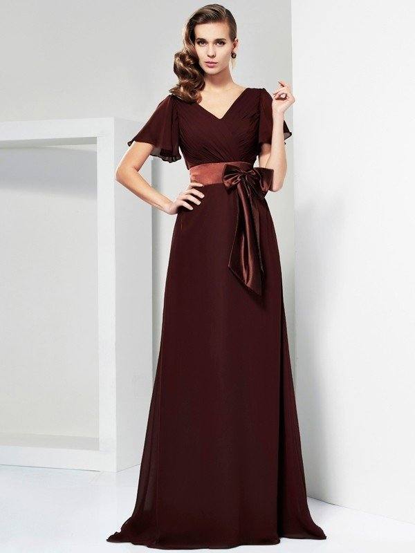 A-Line/Princess V-neck Short Sleeves Sash/Ribbon/Belt Long Chiffon Mother of the Bride Dresses - RongMoon