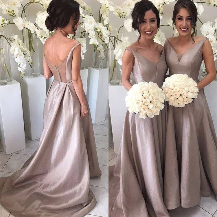 Deep V-neck Long Satin See Through Back Bridesmaid Dresses - RongMoon