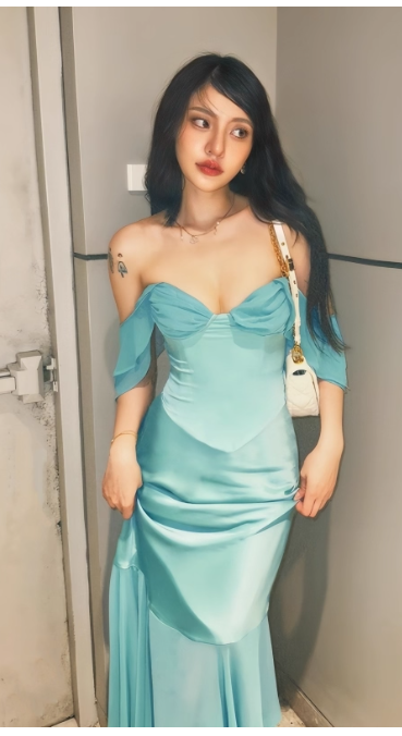 Sexy Off-the-shoulder Mermaid Satin Chiffon Long Prom Dresses, Blue Formal Evening Dresses DP3024