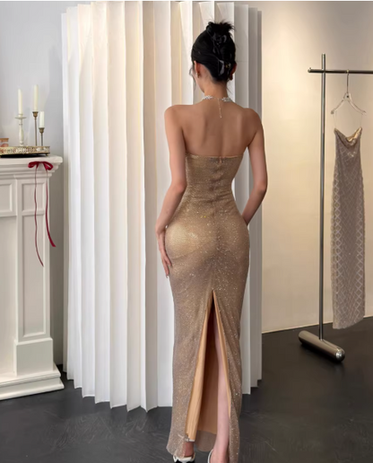 Chic Sheath Apricot Long Prom Dresses Beaded Satin Sleeveless Evening Dresses DP04775
