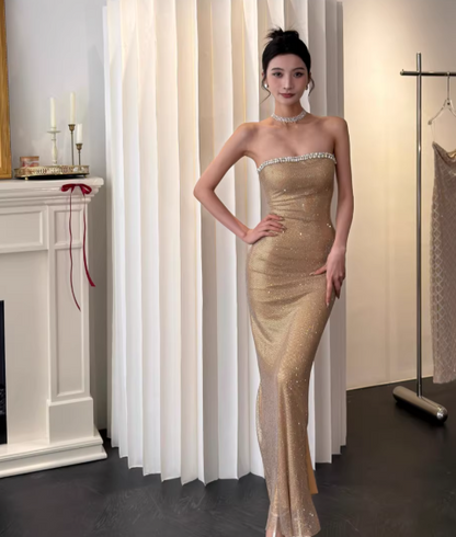 Chic Sheath Apricot Long Prom Dresses Beaded Satin Sleeveless Evening Dresses DP04775