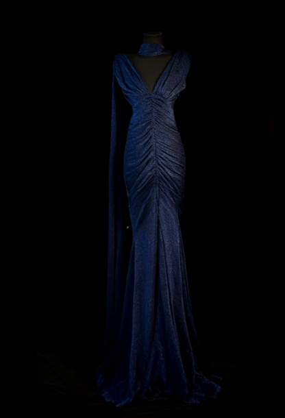 Vintage Sheath Blue Long Prom Dresses Glitter Satin V-neck Sleeveless Evening Gowns DP04787