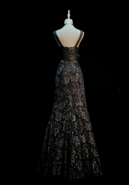 Vintage Mermaid Black Long Prom Dresses Tulle Aplliques V-neck Sleeveless Evening Gowns DP04788