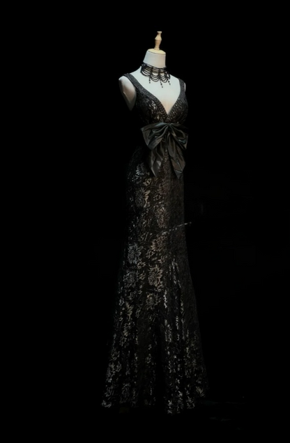Vintage Mermaid Black Long Prom Dresses Tulle Aplliques V-neck Sleeveless Evening Gowns DP04788