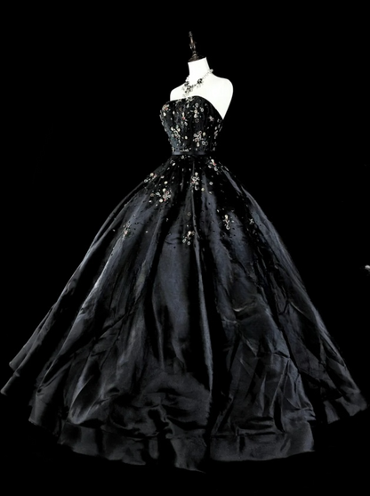 Chic A-Line Black Long Prom Dress Satin Rhinstones Strapless Evening Dress Sleevless Birthday Dress DP04833