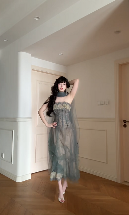 Sexy Sheath Green Long Prom Dress Tulle Strapless Sleeveless Evening Dress DP04847