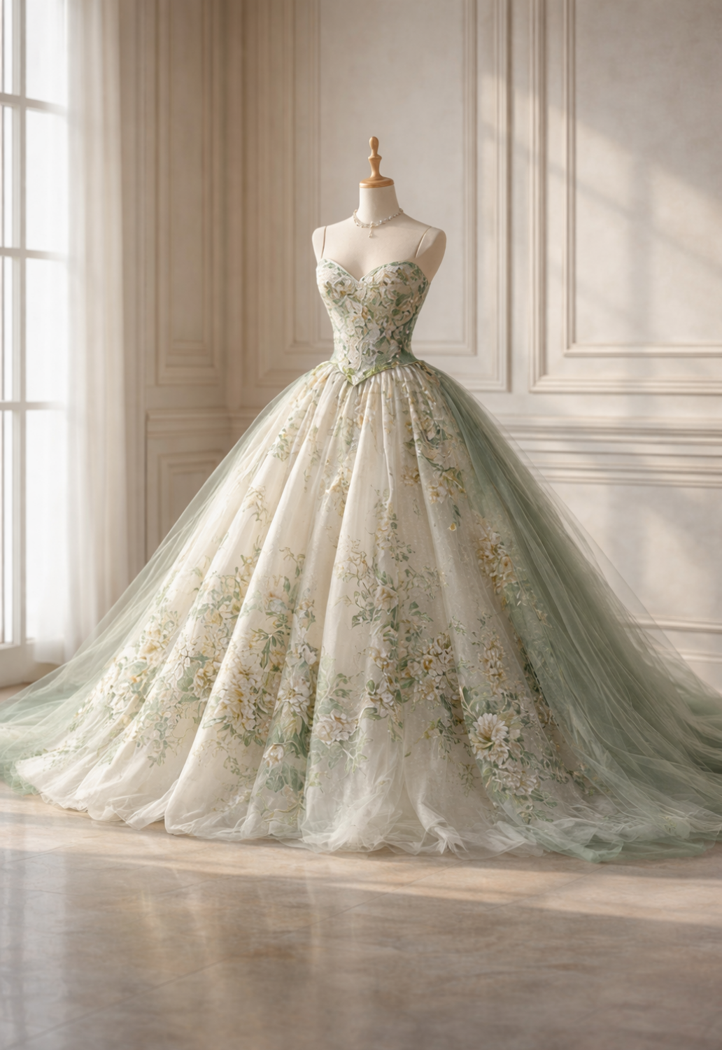 Cute Green Long Prom Dress Floral Tulle Ball Gown Sleeveless Evening Dress  Sweet 16 Dress  DP04875