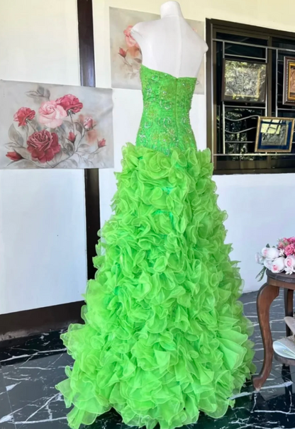 Chic Green Long Prom Dress Beaded Tulle Sweetheart Party Dress A-Line Sleeveless Evening Dress  DP04888