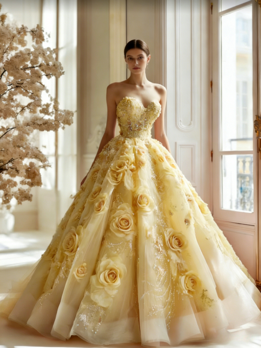 Gorgeous Yellow Long Prom Dresses Appliques Tulle Strapless A-Line Evening Dress Sleeveless Birthday Outfit DP04902