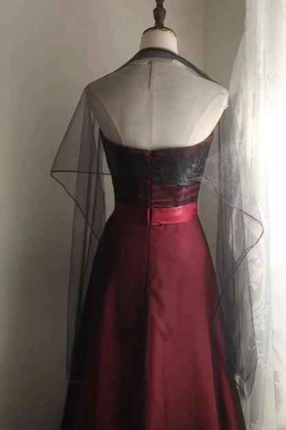 Chic Burgundy Long Prom Dresses  Tulle A-line Evening Dress Strapless Birthday Dress DP04918