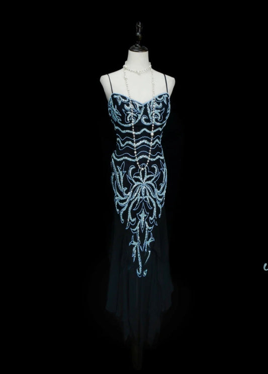 Elegant Black Long Prom Dresses Beaded Chiffon Spaghetti Straps Sheath Evening Dress Sleeveless Birthday Dress DP04923