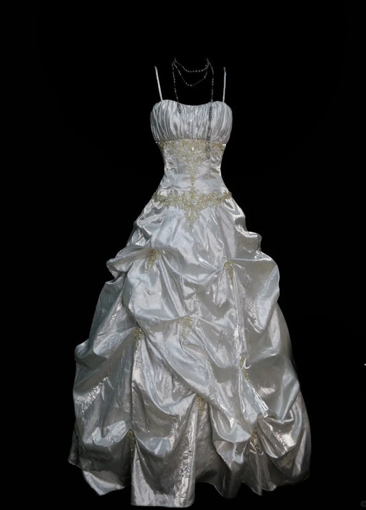 Elegant White Long Prom Dresses Beaded Satin Spaghetti Straps Sheath Evening Dress Sleeveless Birthday Dress DP04924