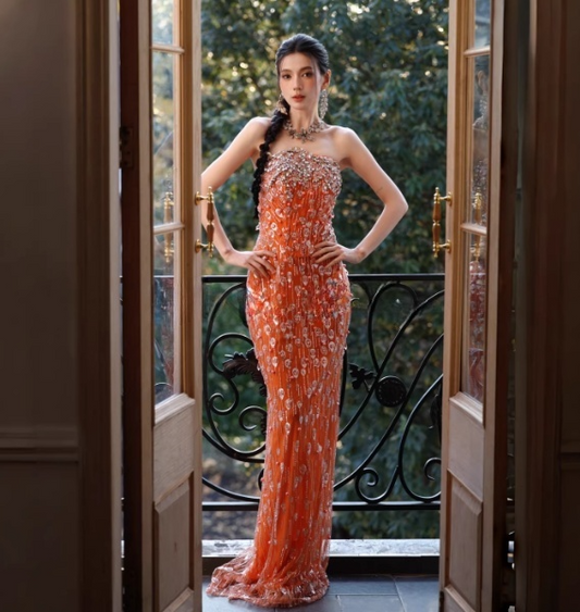 Fairy Orange Long Prom Dress Strapless Sheath Evening Dress Beaded Tulle Sleeveless Birthday Dress DP04957