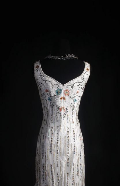 Vintage White Long Prom Dress Straps Mermaid Evening Dress Sequins Beaded Tulle Sleeveless Birthday Dress DP04961