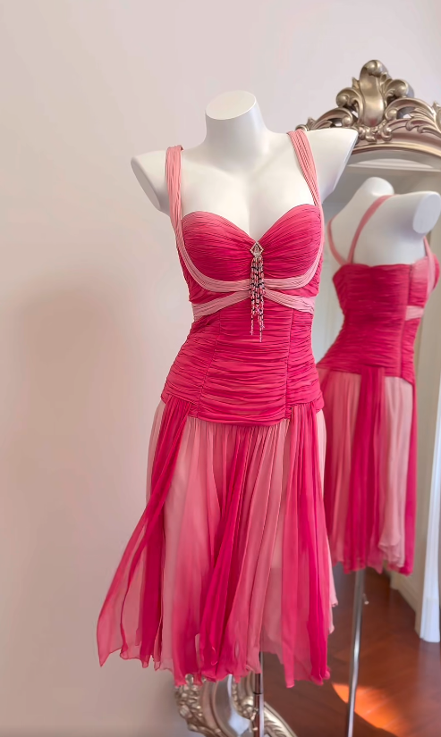 Vintage Pink Short Prom Dress Straps Sheath Evening Dress Chiffon Sleeveless Birthday Dress DP04962