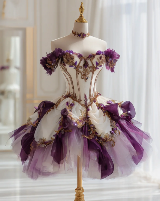 Fairy Purple Short Prom Dress Off-shoulder A-Line Evening Dress Tulle Sleeveless Birthday Dress DP04963