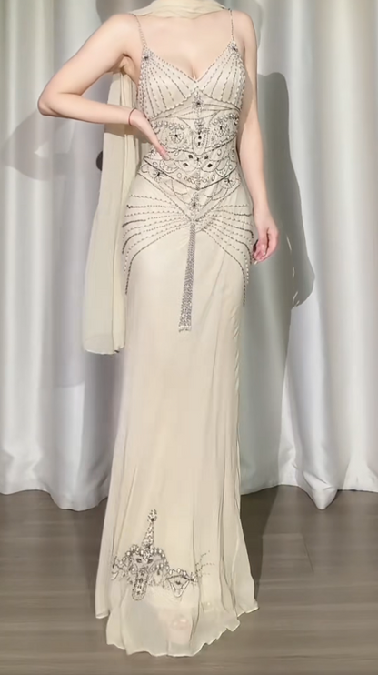 Chic Apricot Long Prom Dresses Beaded Chiffon Sheath Evening Dress  Spaghetti Straps Party Outfit DP04968