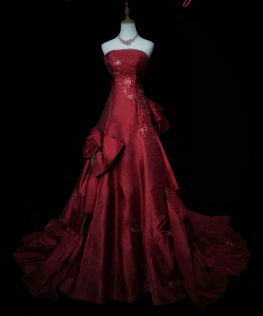 Chic Burgundy Long Prom Dresses Satin Strapless A-Line  Evening Dress   DP04969