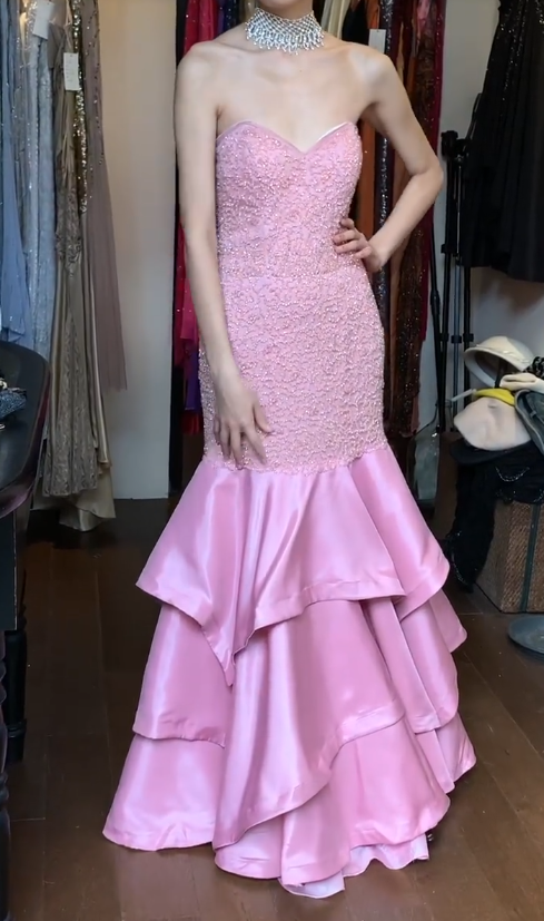 Elegant Sweetheart Mermaid Long Prom Dresses Beaded Satin Pink Evening Dress Sleeveless Formal Dress DP04982