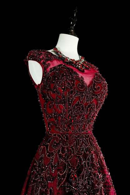 Chic Red Prom Dress Jewel A-Line Long Evening Dress Chiffon Appliques Sleeveless Formal Dress DP05043