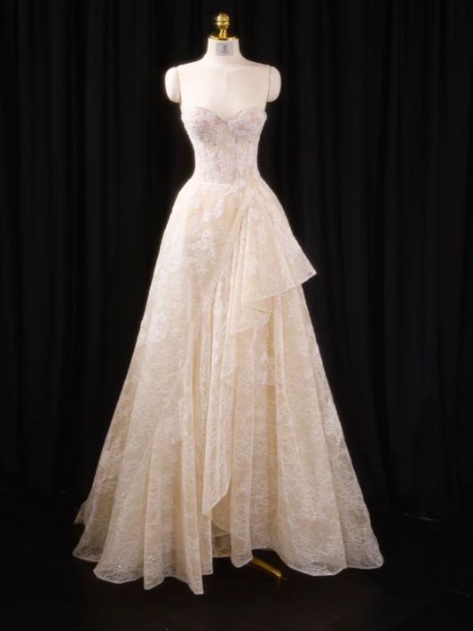 Chic Champagne Prom Dress Lace Strapless Evening Dress A-line Birthday Dress DP05184