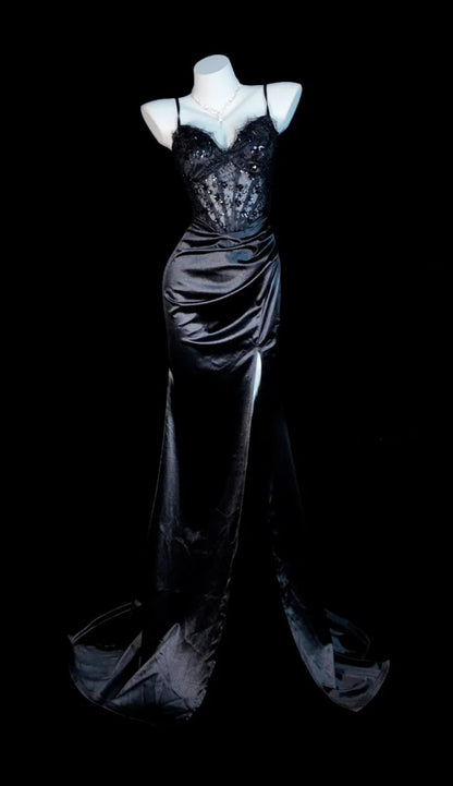 Chic Black Prom Dress Satin Spaghetti Straps Evening Dress Sheath Birthday Dress DP05194