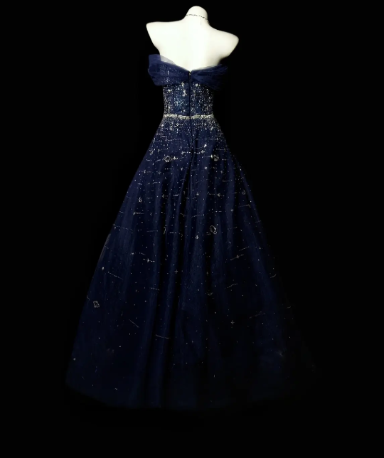 Chic Navy Blue Prom Dress Tulle  Off-shoulder A-Line Long Evening Dress DP05267